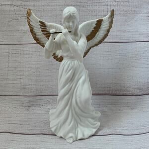 Vintage White Porcelain Angel Figurine Playing Flute Gold Detail 8 1/2" tall